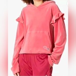Adidas Womens Velour Hoodie Pullover Ruffle Sweatshirt in Hazy Rose, Size XL